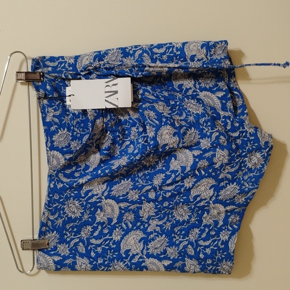 Zara Vibrant Blue Floral Patterned Pareo Short Size L - Picture 3 of 14